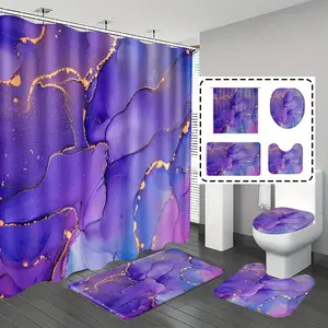[Popular Choice]1pc/4pcs, bathroom curtains shower, bathroom set, shower curtains, Shower Curtain Sets, bathroom rug, home decoration, bathroom mat, purple marble pattern, simple and luxurious theme decoration, bathroom set, with 12 hooks.