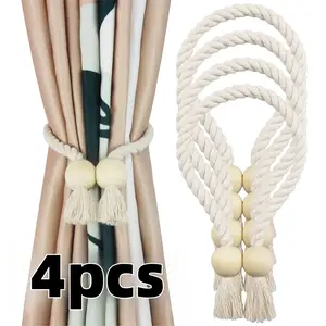 4pcs Magnetic Curtain Tiebacks Beige, Cotton Hand Woven Tie Back Decorative Rope Holdbacks for Curtains Draperies No Tools Required, Holdback Decorative Tie Backs  for Home Bedroom Office Decorative Curtain