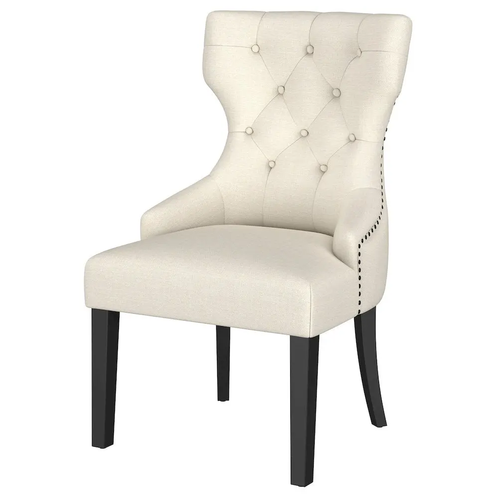 Baney Fabric Upholstered Modern Wingback Dining Chair, Beige and Black, Button Tufted, Foam Cushion, Nailhead Trim (Set of 1), Dining Chairs, Indoor Furniture Use