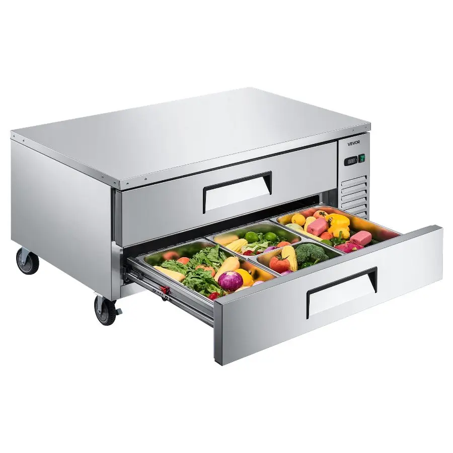 VEVOR Commercial Chef Base Refrigerator, 52W 2-Drawer Under Counter Fridge with 4 Pans Stainless Steel, Embraco Compressor, 170w, 52x32x26 Inch, 181 lbs Heavy-Duty Unit with Invisible Door Handle for Snack Shop