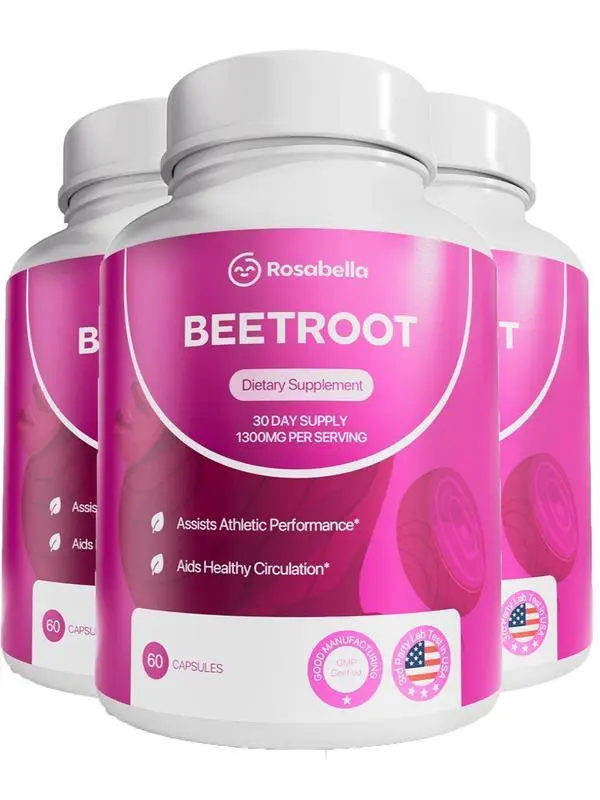 【3 PACK】 Rosabella Organic Beetroot Capsules (1300mg) for Blood Flow & Heart Health