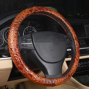 Leather Auto Car Steering Wheel Cover,Anti Slip Universal 15 Inch,Brown Crocodile with Rose Grain
