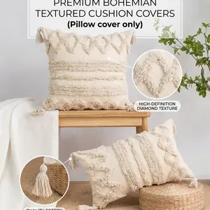 Elevate your space with Geometric Tufted Boho, Geometric Pattern Pillow Covers, Thick 3D Texture & Tassels, Room Refresh Must-Haves (PILLOW COVER ONLY/No Insert)