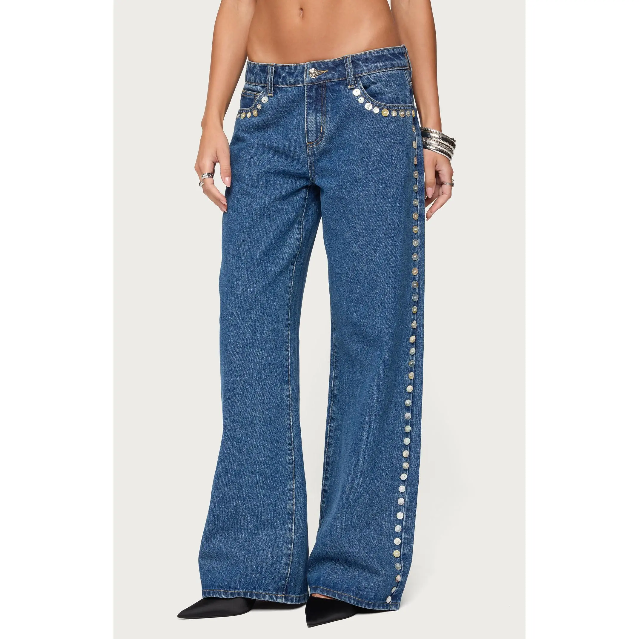 Edikted Women's Iridescent Button Low Rise Jeans