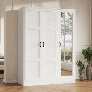FUSOU 3-Door Wardrobe Closet with Full Length Mirror, Freestanding Storage Cabinet with Adjustable Shelves and Hanging Rod, Modern White Wood Armoire for Bedroom Organization,SummerVibe