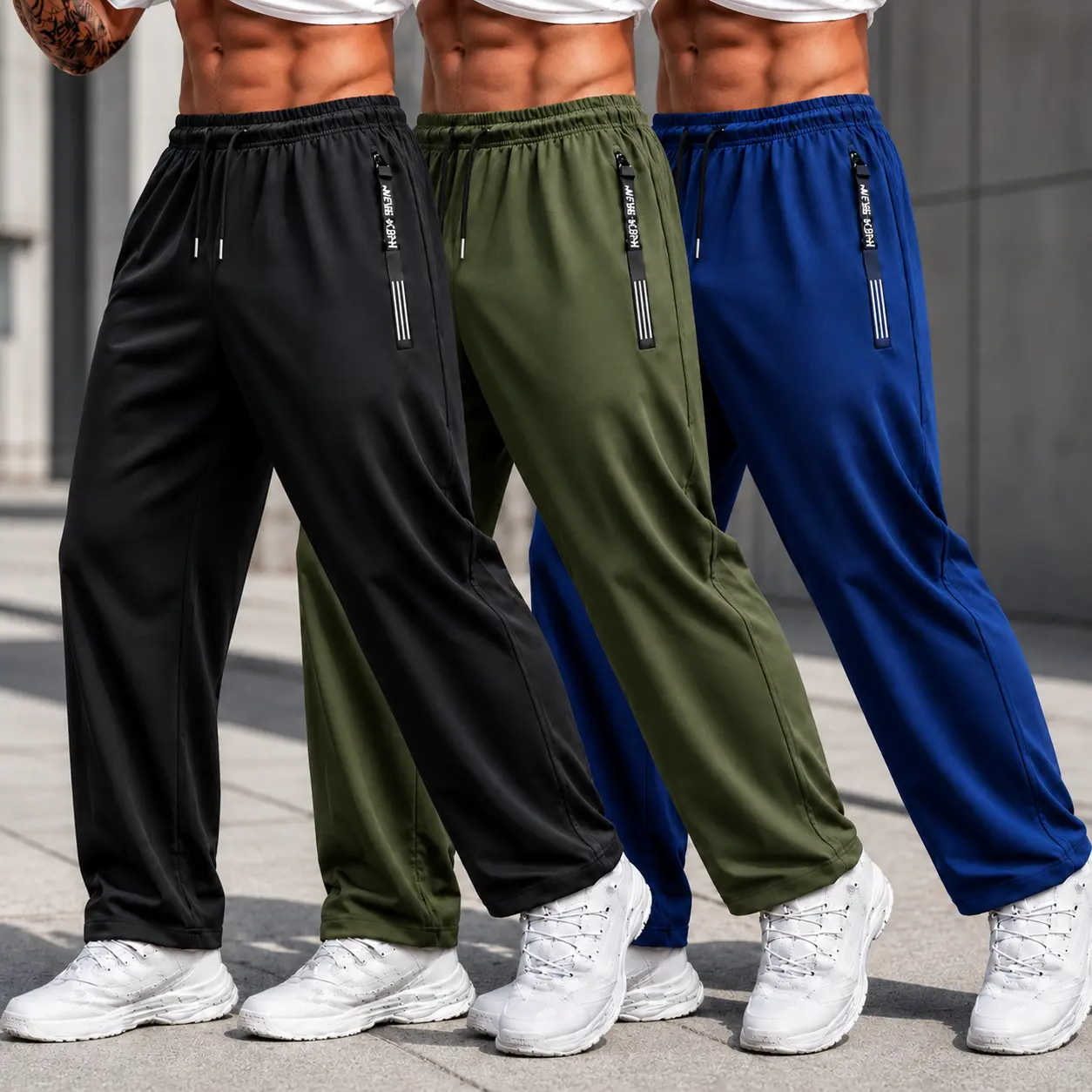 Men’s Basic Plain Ice Silk Lightweight Polyester Athletic Track Pants - Loose-Fit, Quick-Dry, Zippered Pockets, Male Bottoms for Gym, Running, Black-Gray-Blue Options