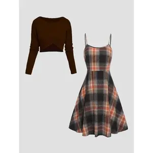 Women's Preppy Fashion Set - Solid Wrap Hem Crop Top & Plaid Print A-Line Dress, Cozy Skirt Set for Spring Fall, Comfortable & Stylish for Daily Wear(gift)(Sheets)