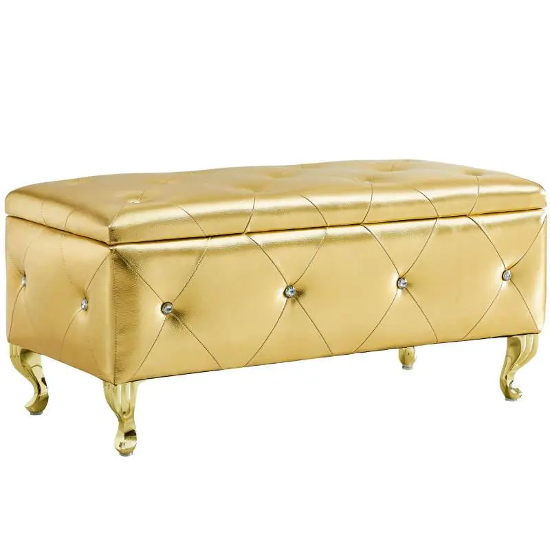 Upholstered Storage Ottoman Bench For Bedroom End Of Bed Faux Leather Rectangular Storage Benches Footrest With Crystal Buttons For Living Room Entryway (Gold)