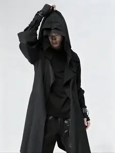 Men’s Dark Gothic Hooded Long Coat Oversized | Asymmetric Draped Cyberpunk Longline Jacket for Streetwear & Street Style Avant-Garde Aesthetic Looks Alternative