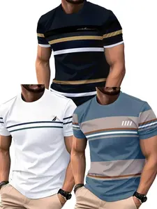 Men's Casual Sport Striped Athletic T-Shirt 3pcs, Neon &, Royal Blue, Lightweight Breathable Workout Top, Machine-Washable, Bold Print, All Seasons, Sporty T Shirt