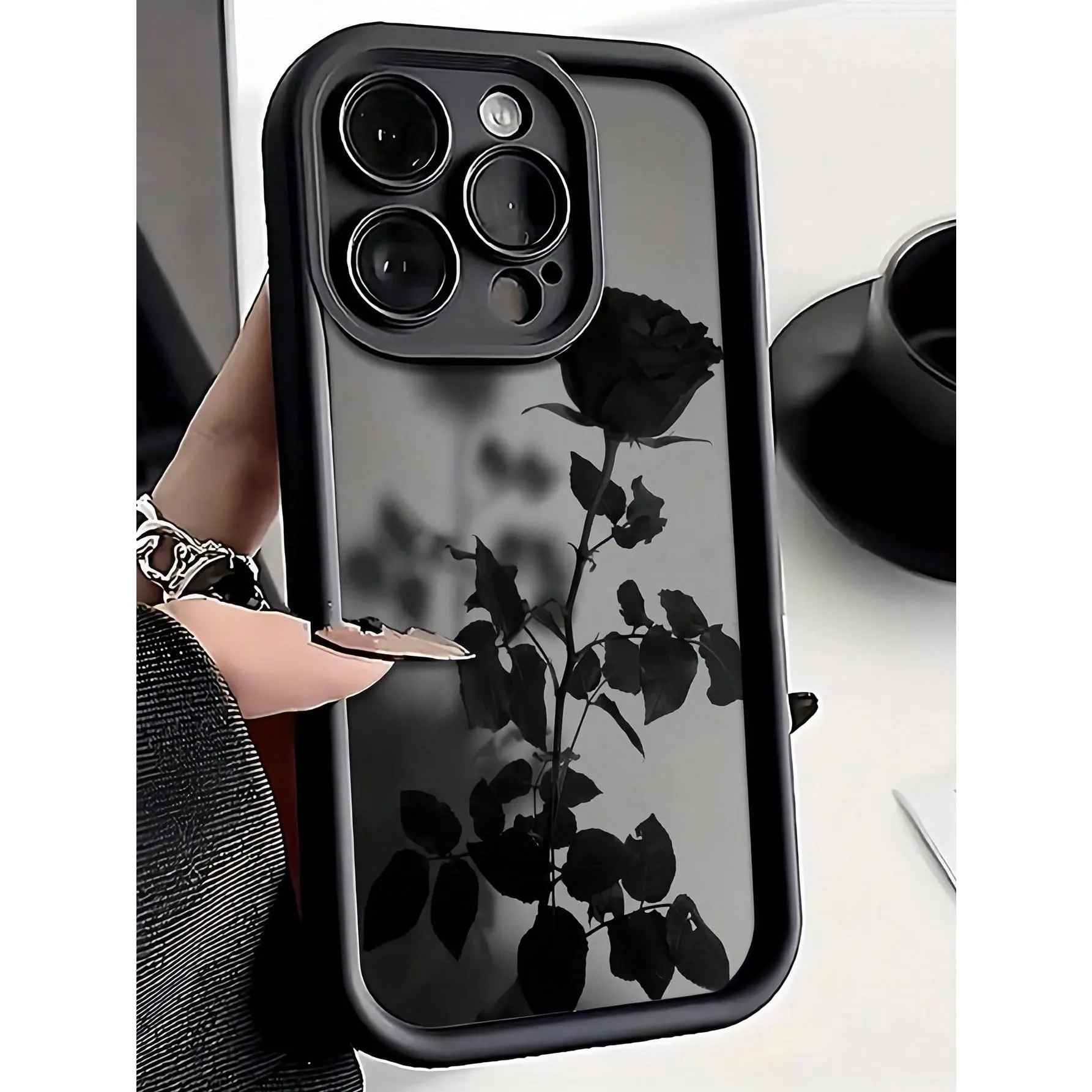 Black Rose TPU Shockproof Full-Coverage Smartphone Casing for iPhone 12/13/14/15/16/17, Cellphone Accessory, Stylish Tech Protection, Ideal Holiday Gift for Personal Use or Friends
