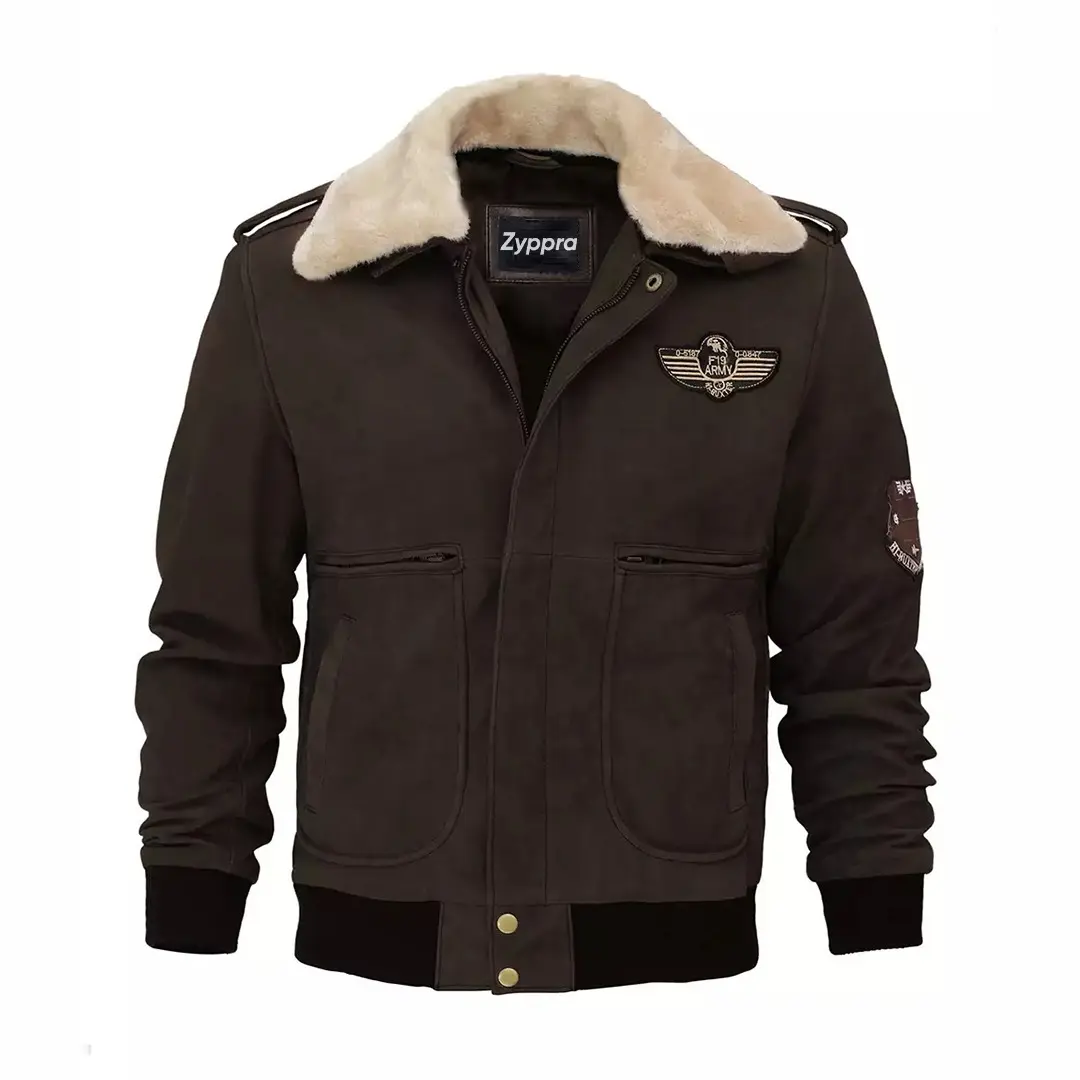 Men’s Pierson Dark Brown Leather Bomber Jacket – Removable Shearling Collar