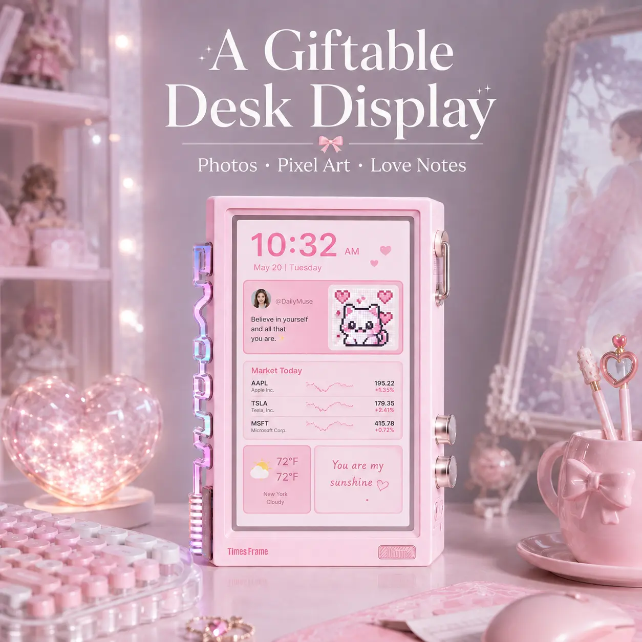 Divoom Times Frame 10.1in Pink Smart Desk Display - WiFi Digital Photo Frame with Transparent IPS Screen, 64GB Storage, Adjustable Color Changing RGB Ambient Light, Pixel Art, Remote Photo Sharing, Modern Decor for Cool Room Decor BackToSchool, Colorful,,
