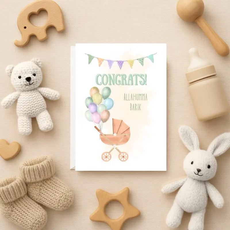 Minaret Collections Cute Islamic New Baby Card, 5x7 Folded Muslim Baby Shower Congratulations “Allahumma Barik” Card with Quran Verse & Dua, Gender Neutral Balloon Design, Includes Envelope