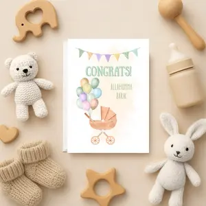 Minaret Collections Cute Islamic New Baby Card, 5x7 Folded Muslim Baby Shower Congratulations “Allahumma Barik” Card with Quran Verse & Dua, Gender Neutral Balloon Design, Includes Envelope