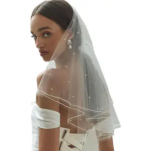 White Short Wedding Veil Pearl Rhinestone Bride Veils Bridal Veils Bachelorette Party Veil for Brides and Women