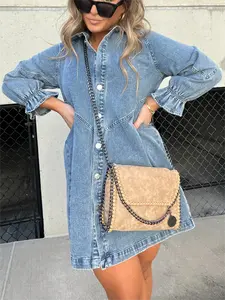 2024 washed denim puff sleeve dress in 7 colors