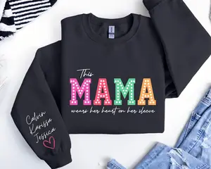 Personalized This Mama Wears Her Heart On Her Sleeve Sweatshirt, Custom Mom With Kids Names Apparel, Motherhood Gift, Mother's Day Gifts