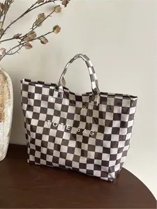 Fashionable Chessboard Pattern Large Capacity Handheld Tote Bag with Letter Decoration, Ideal Commuter Bag for Daily Use, Casual Shopping Bag
