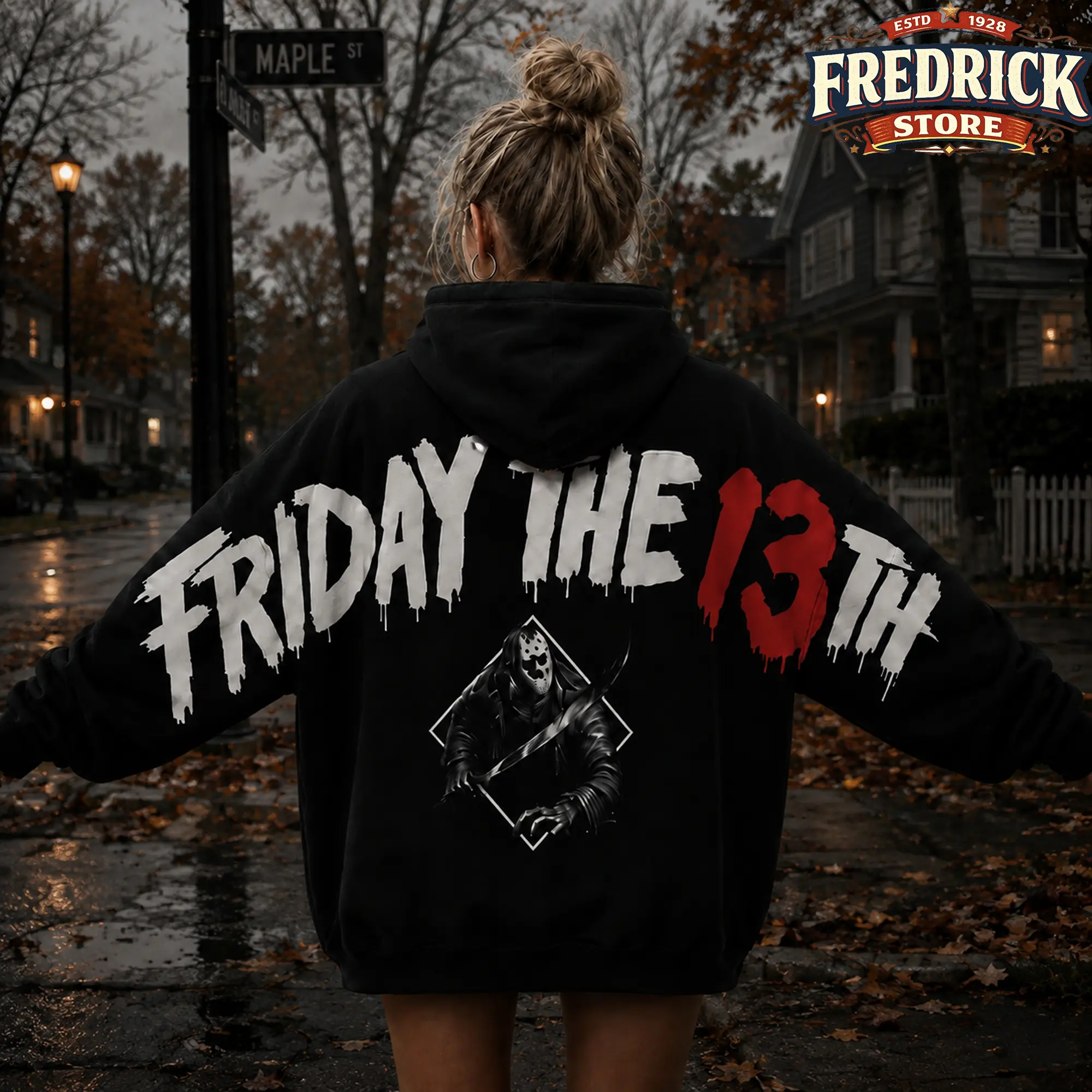 Friday the 13th Movie Horror Shoulder-to-Shoulder Back Lettering Sweatshirt Hoodie, Scary Movie Graphic Pullover, Spooky Season, Gift for Him and Her, Vibes
