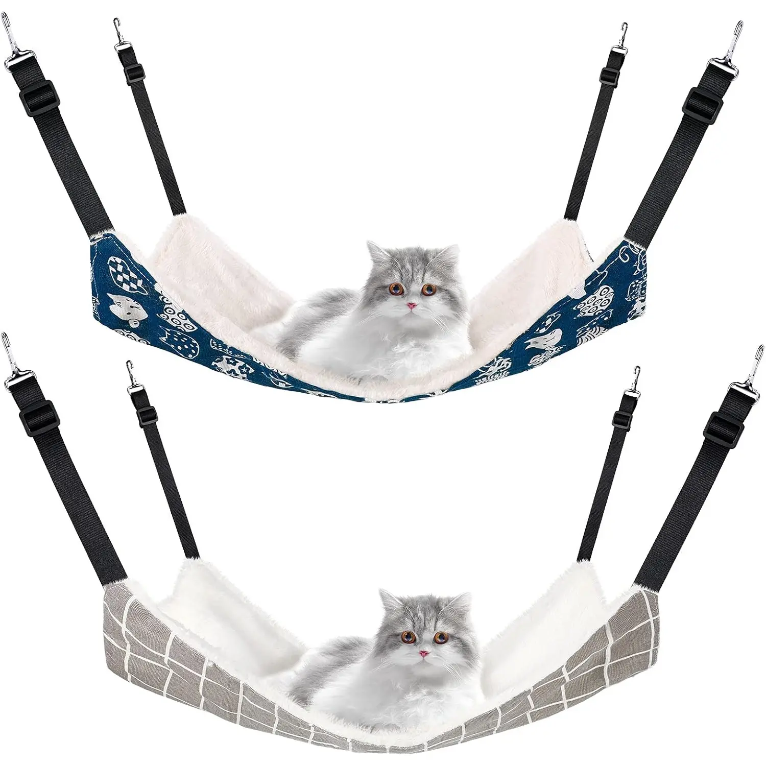 M Size 2-Pieces Warmth Safety Reversible Fleece Flax Pet Hammock Bed, Double-Sided All Seasons Design, Metal Hooks, Home Improvement Cage Hanging Accessory for Small Cats