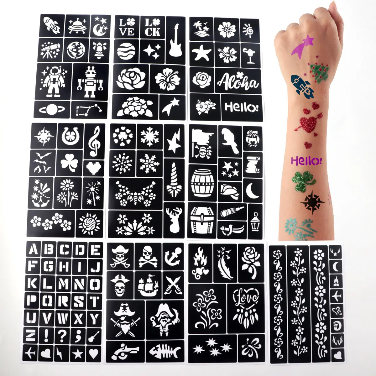 Christmas Temporary Tattoo Stencil Set, 17.4x11.4cm Reusable DIY Painting Templates, Face & Body Art, School Show, Party Gifts, 10 Sheets