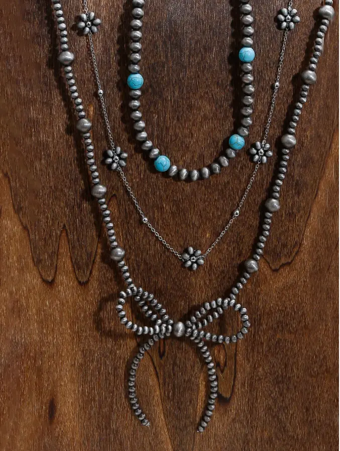3pcs Bow Flower & Turquoise Necklace Set, Western Style Jewelry for Women