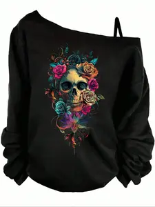 Halloween Women's Casual Loose-Fit Long Sleeve Knit T-Shirt, Colorful Floral Rose Skull Print, Comfortable All-Season Home Wear