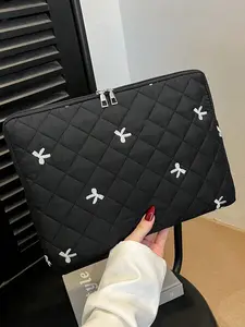 Multi-Size Laptop Sleeve Protective Case 13-16 Inch, Black Quilted Pattern with Bow Embroidery, Soft Padded Laptop Bag for Women, Perfect Gift for Teacher College Back to School