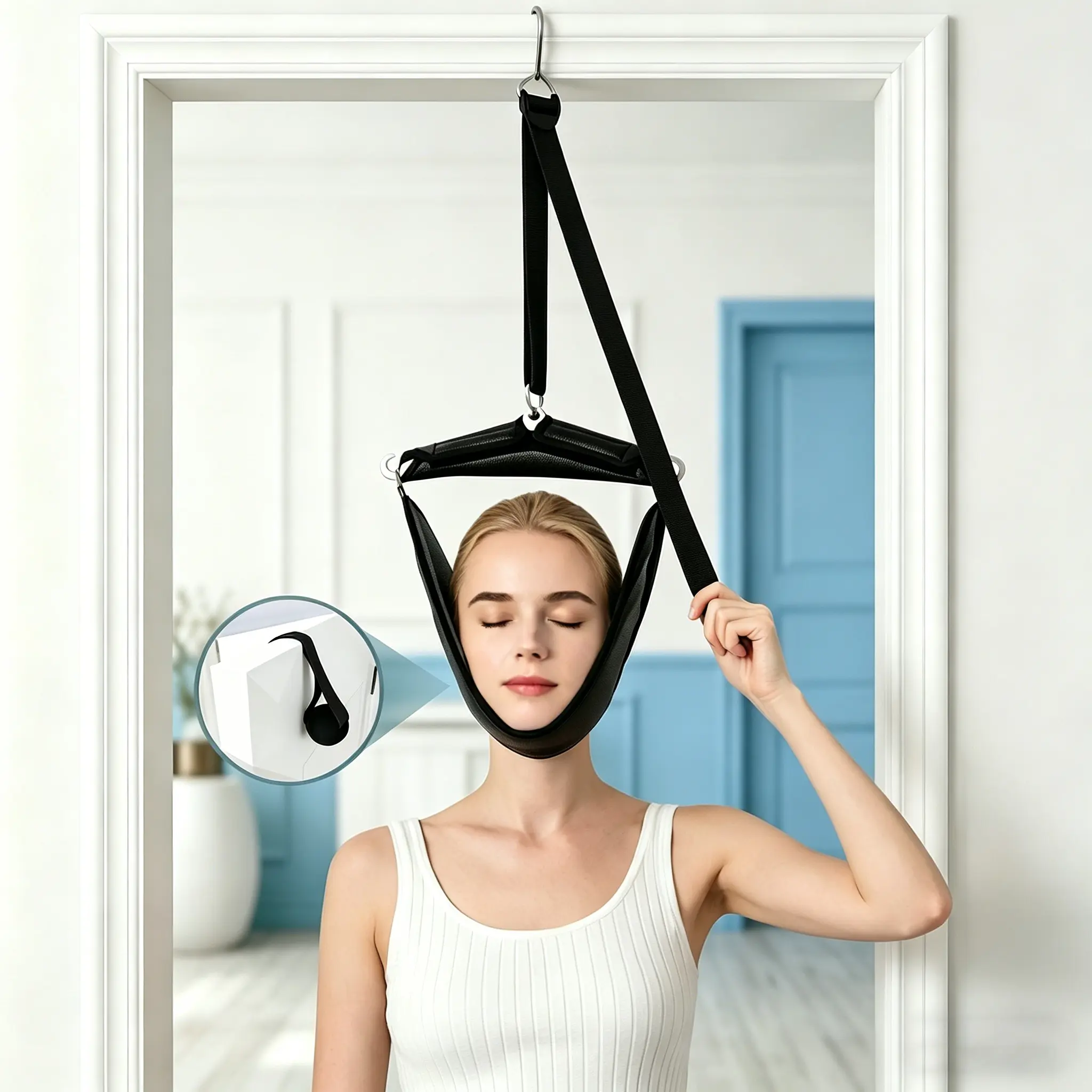 Over-the-Door Cervical Traction Device - Portable Neck Hammock Stretching Tool with Padded Support and Handles for Home or Office Spinal Decompression