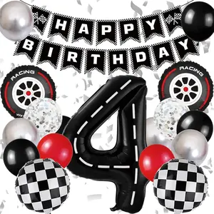 Race  Birthday Party Decorations, with 40 Inch Racetrack Black Number 4 Balloon, Happy Birthday Banner and Foil Tire Balloon for 4th Racing Theme Birthday Party Decor
