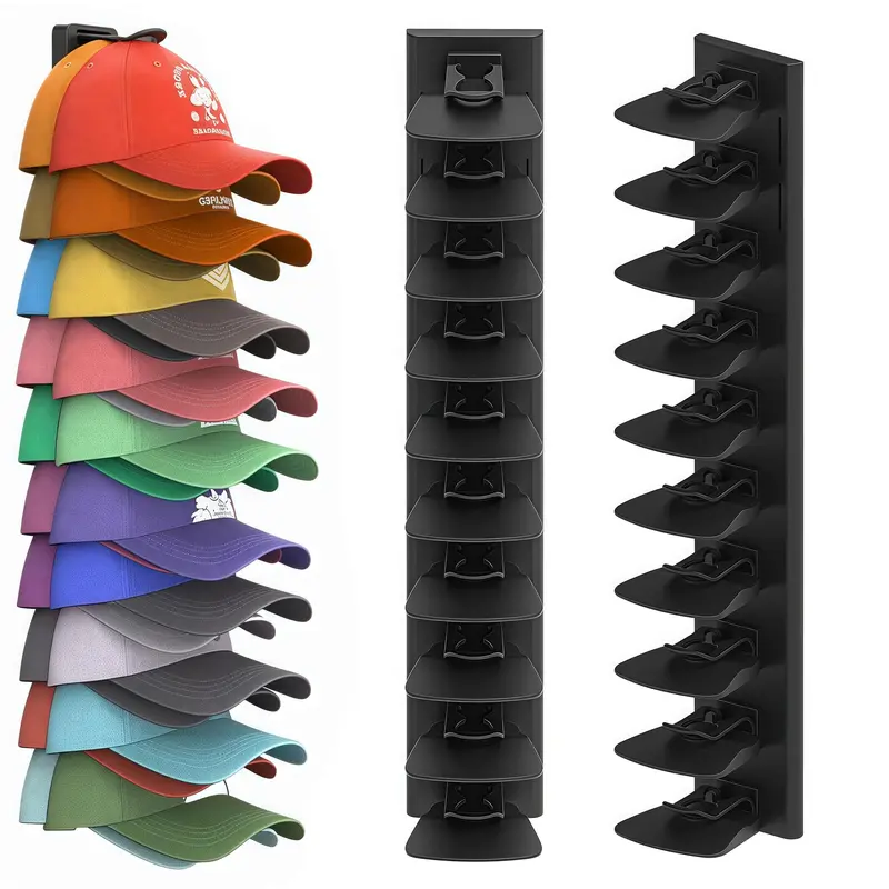 2-Pack Adhesive Wall Hook Hat Organizer Rack - No-Drill Mount, 40-Capacity Removable Split Shelves, Curved Protection, Corrosion-Resistant Strong Adhesive Tape, Space-Saving for Bedroom, Desk, Easy Access, 2026 Multi-Warehouse Shipping