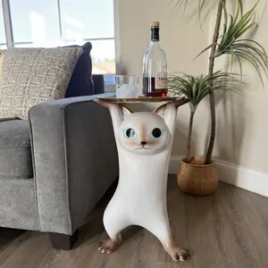 Resin Cat Side Table with Gold Tray Decorative