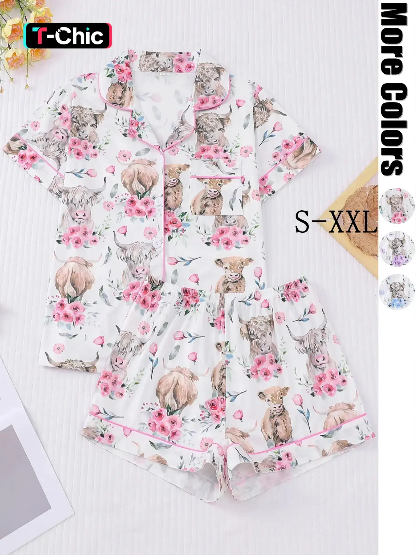 Women's All-Over Cow-Print Contrast-Trim Shirt & Elastic-Waist Shorts Pajama Loungewear Set, Casual Comfy Short Sleeve Collared Top & Shorts PJ Two-Piece Set, Lightweight Sleepwear