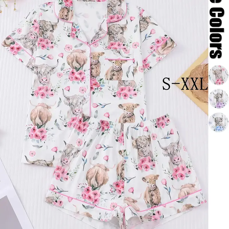 Women's All-Over Cow-Print Contrast-Trim Shirt & Elastic-Waist Shorts Pajama Loungewear Set, Casual Comfy Short Sleeve Collared Top & Shorts PJ Two-Piece Set, Lightweight Sleepwear