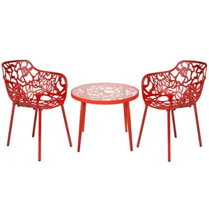 LeisureMod DT20CAR2 19 x 23 x 23 in. Devon Mid-Century Modern 3 Piece Aluminum Outdoor Patio Dining Set with Tempered Glass Top Table & 2 Stackable Flower Design Arm Chair, Red