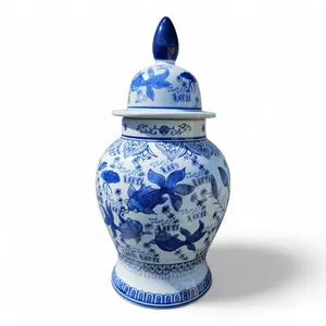 Olokun Porcelain Ginger Jar Potiche 17” – Sopera de Porcelana Azul y Blanca con Peces, Decorative Vase for Santería, Yoruba Orisha Altar, Home Decor"