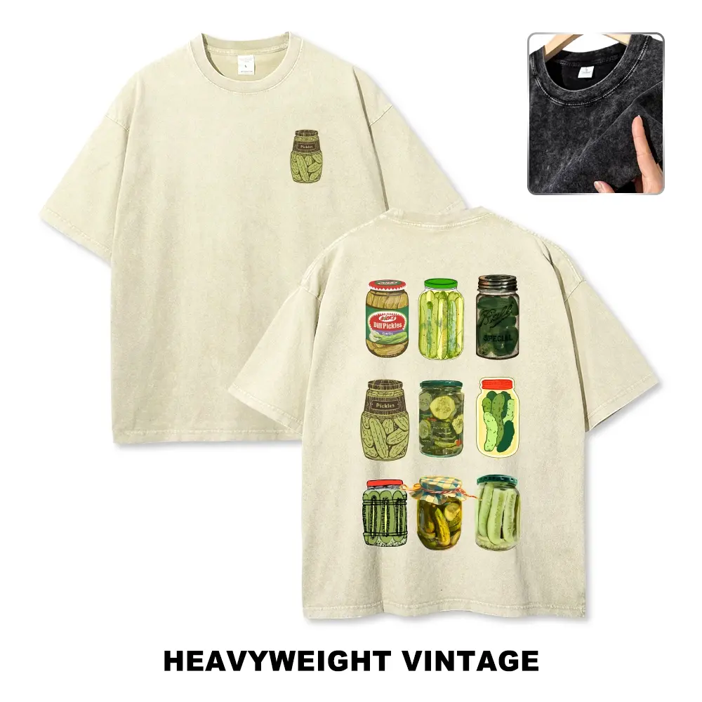Men's Retro Funny Pickle Lover "Pickle Jars Collection" Graphic T-Shirt - Vintage Washed Heavyweight Stone Wash Oversized Unisex Casual Short-Sleeve Top, Ideal Gift for Summer, Shortsleeve, Fabric, Menswear, Soft, Tshirt