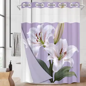 1pc hookless shower curtain with buckle lining, spring white lily purple design, 2D flat printing, fabric waterproof lining, see-through double-layer shower curtain, 71 x 74 inches, modern home draping curtain, Bathroom Curtain