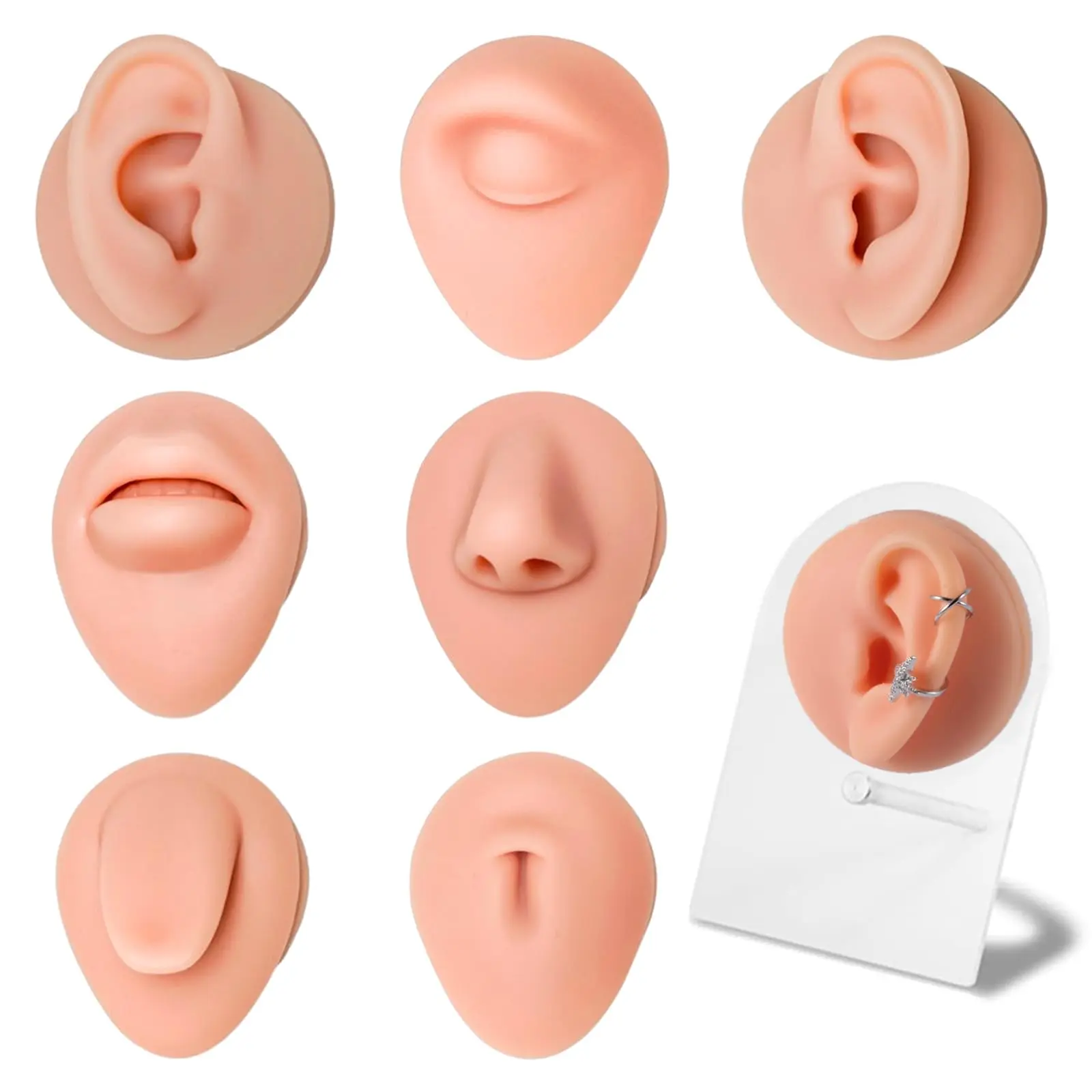 ear molds newborns 7Pcs Soft Silicone Piercing Body Parts - Realistic Ear, Nose, Lip, Tongue, Eyebrow, Belly Button Model Kit for Tattoo & Piercing Training