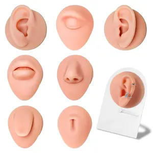 ear molds newborns 7Pcs Soft Silicone Piercing Body Parts with Display Stand - Realistic Ear, Nose, Lip, Tongue, Eyebrow, Belly Button Model Kit for Tattoo & Piercing Training