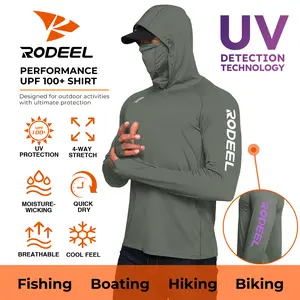 【RODEEL】936 RIIIPO Sun Hoodie Shirts w/ UV Detection Logo Mask Neck Gaiter Thumbhole Men UPF 100+ Sun Protection Long Sleeve Lightweight Quick Dry Moisture Wicking Breathable Cooling Athletic Activewear for Outdoor Sports Fishing, Holiday Gift