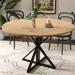 Modern Farmhouse Round Dining Table for 4 – 47 Inch Durable Wood Top, K-Shaped Steel Pedestal, Space-Saving, Ideal for Restaurants & Small Spaces