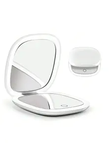 Foldable Rechargeable LED Lighted Travel Hand Mirror, 1X/10X Magnifying Double-Sided Dimmable Compact USB-Charging Mirror for Handbag & Pocket (White), Foldable Makeup Mirror, Rechargeable Makeup Mirror