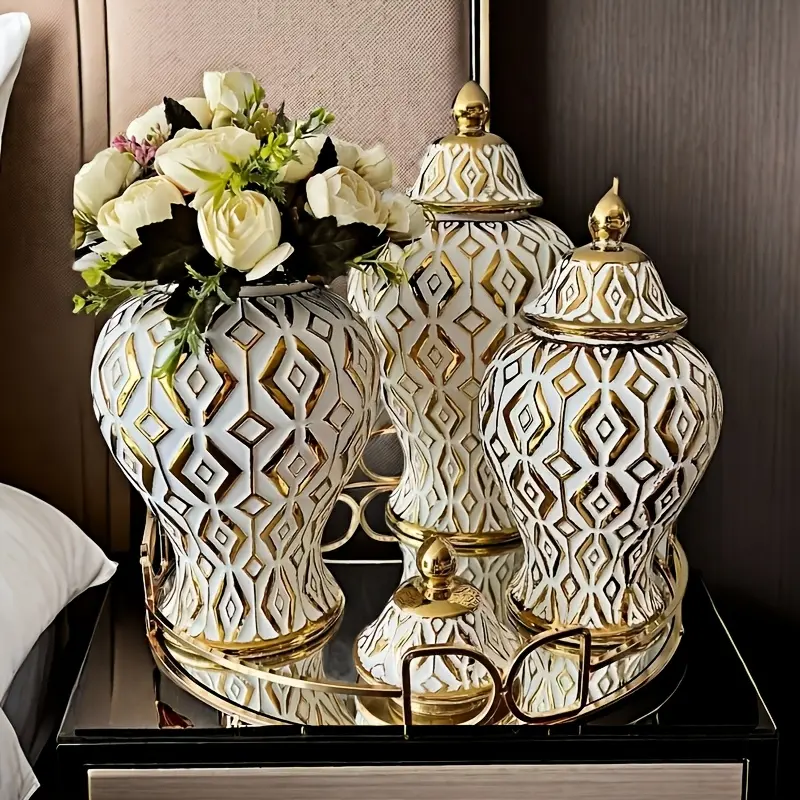 Luxury White Golden Ceramic Ginger Jar - Contemporary Round Decorative Vase for Living Room, Dining Table & Bedroom - Modern Home Accent Piece