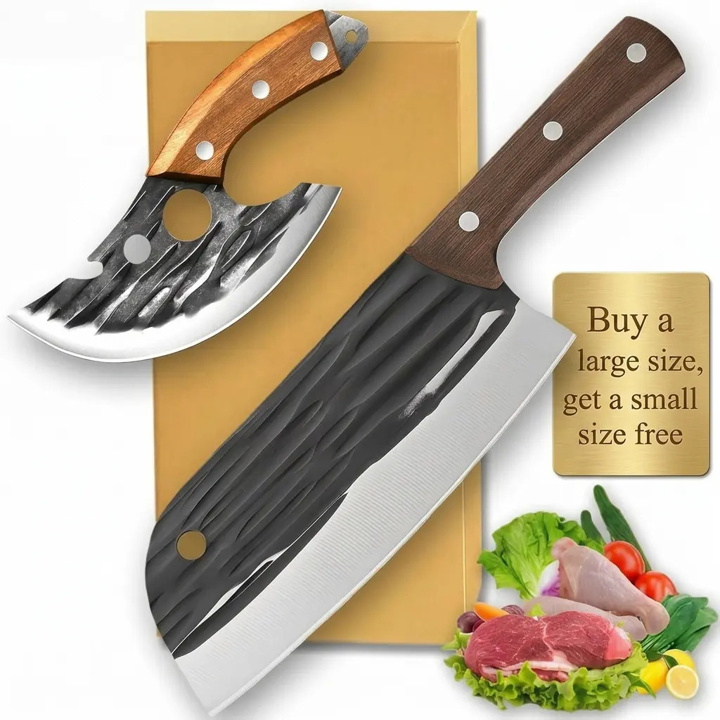 2PCS Outdoor BBQ Butcher Knife Set, Sharp Lightweight Cleaver & Viking Knife , Full Tang Ergonomic Handle for Camping, Picnic, Home Cooking & Meat Cutting Super Combo Sakimaru Slicer Chef Knife Salmon