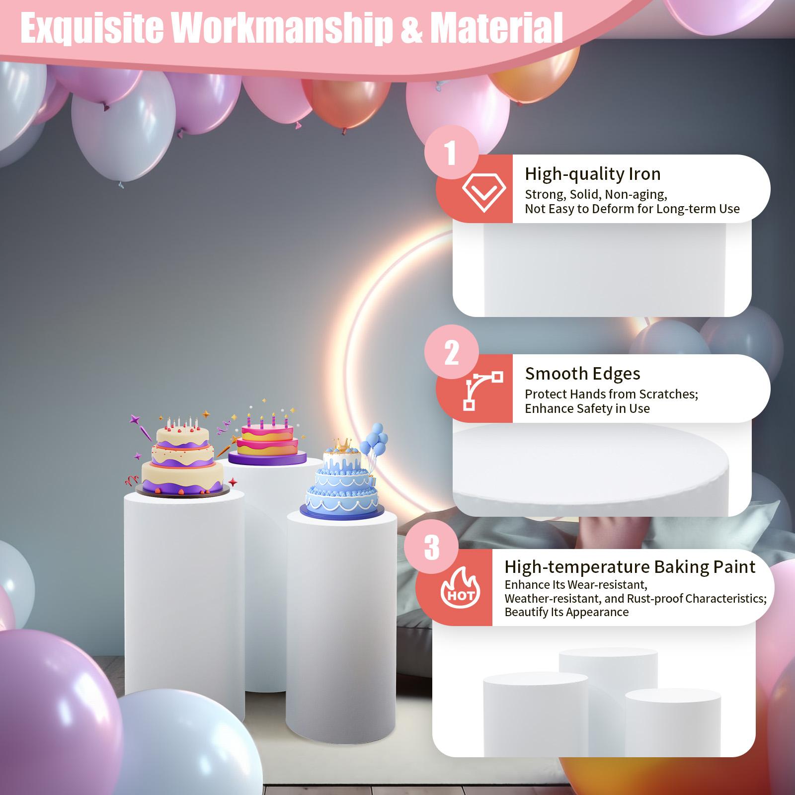 3-Piece White Iron Cylinder Display Stands Set 50cm 55cm 60cm Heights 20-30kg Load Capacity for Weddings Parties Dessert Tables Elegant Pedestals 3-Piece White Iron Cylinder Display Stands Set 50cm 55cm 60cm Heights 20-30kg Load Capacity for Weddings Parties Dessert Tables Elegant Pedestals