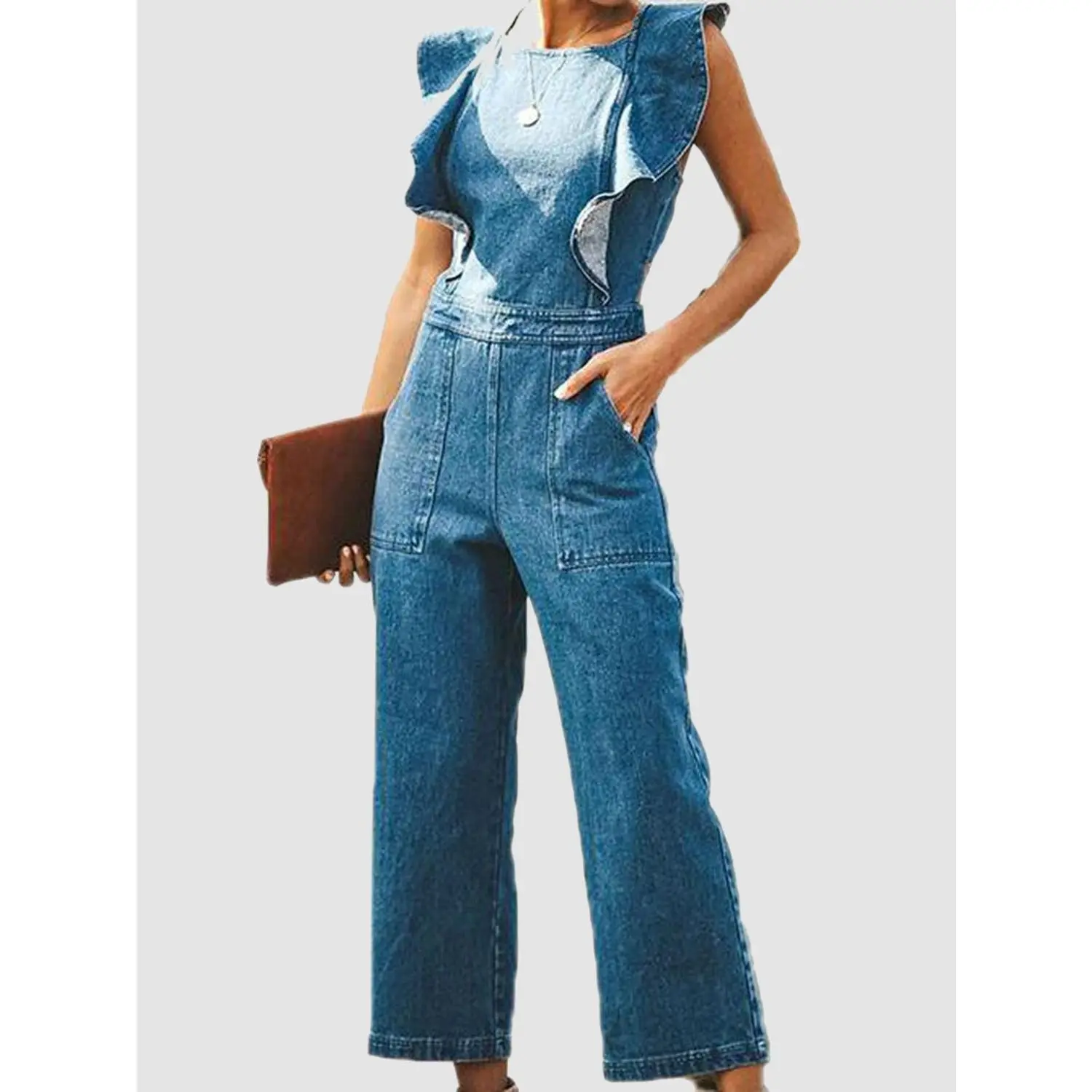 Ruffled Backless Sleeveless Denim Jumpsuit