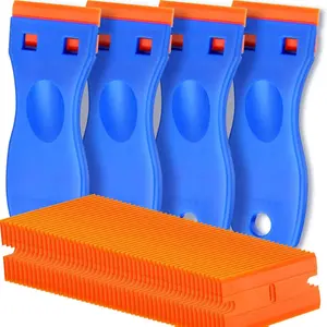 4 Plastic Scrapers and 100 Blades, Label Removal Tool, Scratch-Free Plastic Scraper, Adhesive Remover for Decals, Gaskets, and Paint on Glass Windows
