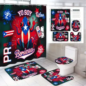 1/4pcs Puerto Rican Coqui Frog Bathroom Set - Vibrant Flag Design with "YO SOY Boricua" & Domino Tiles - Stylish Shower Curtain, Floor Mat, Toilet Lid Cover, U-Shaped Base Mat - Perfect for Festive Home Decor & Cultural Celebration! Shower Curtain Sets